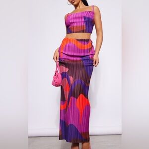 PINK PRINT PLISSE STRAPPY COWL NECK TOP AND SKIRT